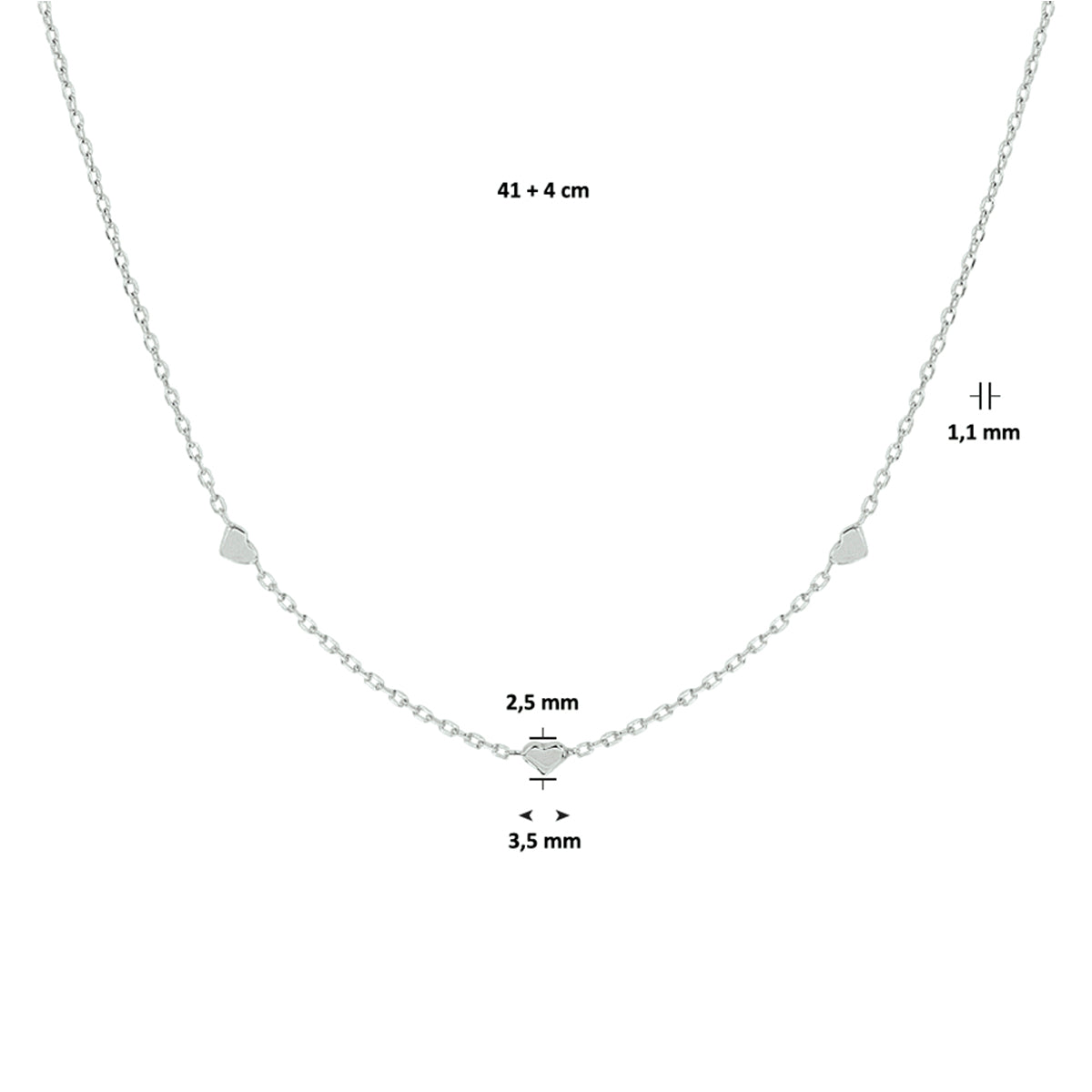 vDam Ketting Hartjes 41cm + 4 Cm Zilver Gerhodineerd 1329098  41cm