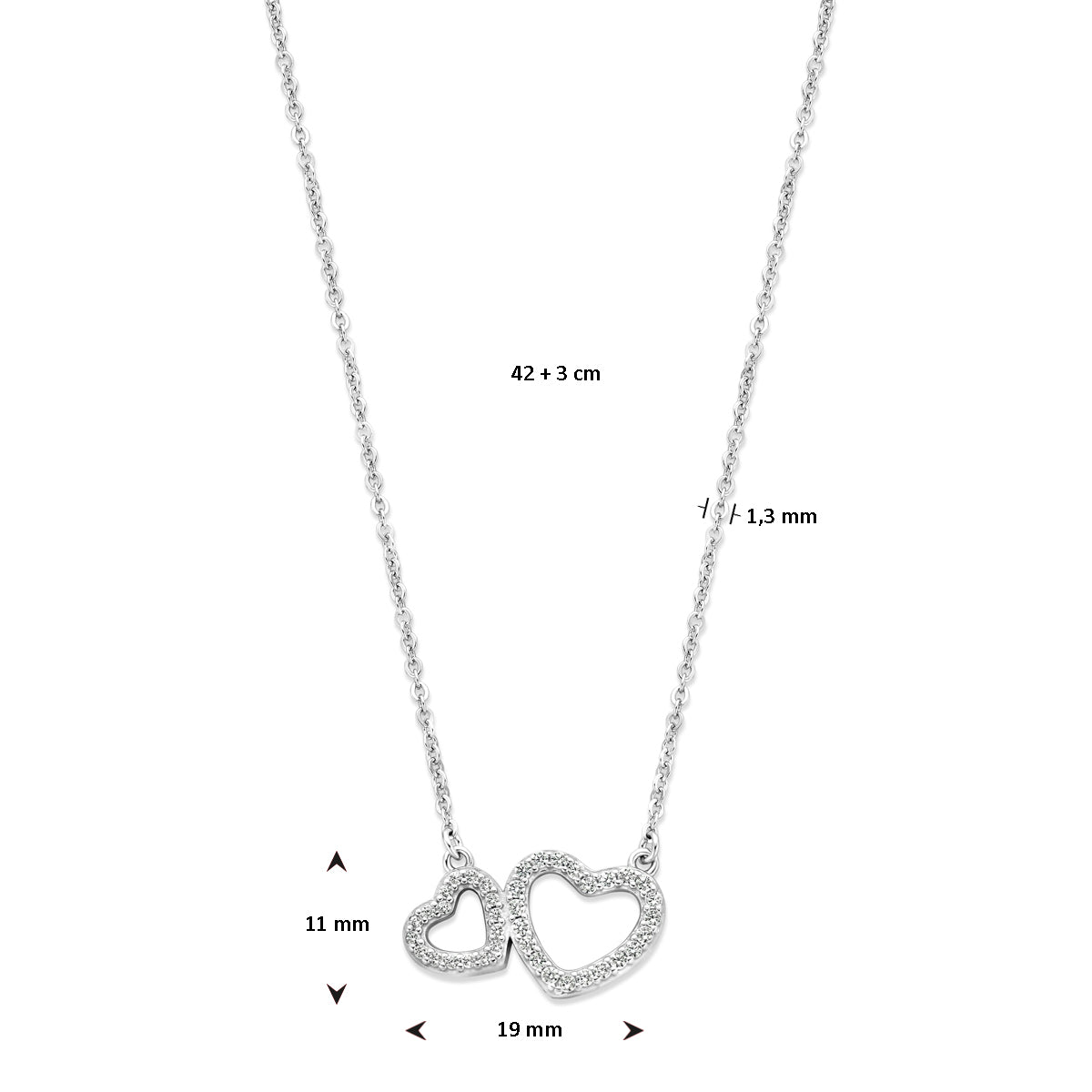 vDam Ketting Hartjes Zirkonia 42cm + 3 Cm Zilver Gerhodineerd 1337642cm  42cm