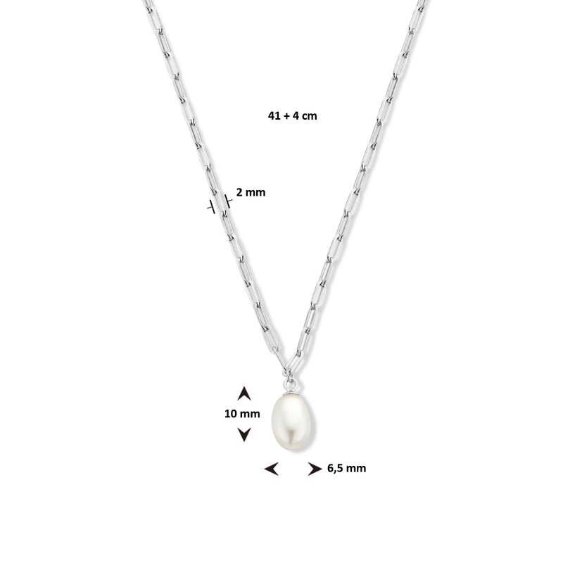 vDam Ketting Paperclip En Parel 41cm + 4 Cm Zilver Gerhodineerd 1336010  41cm