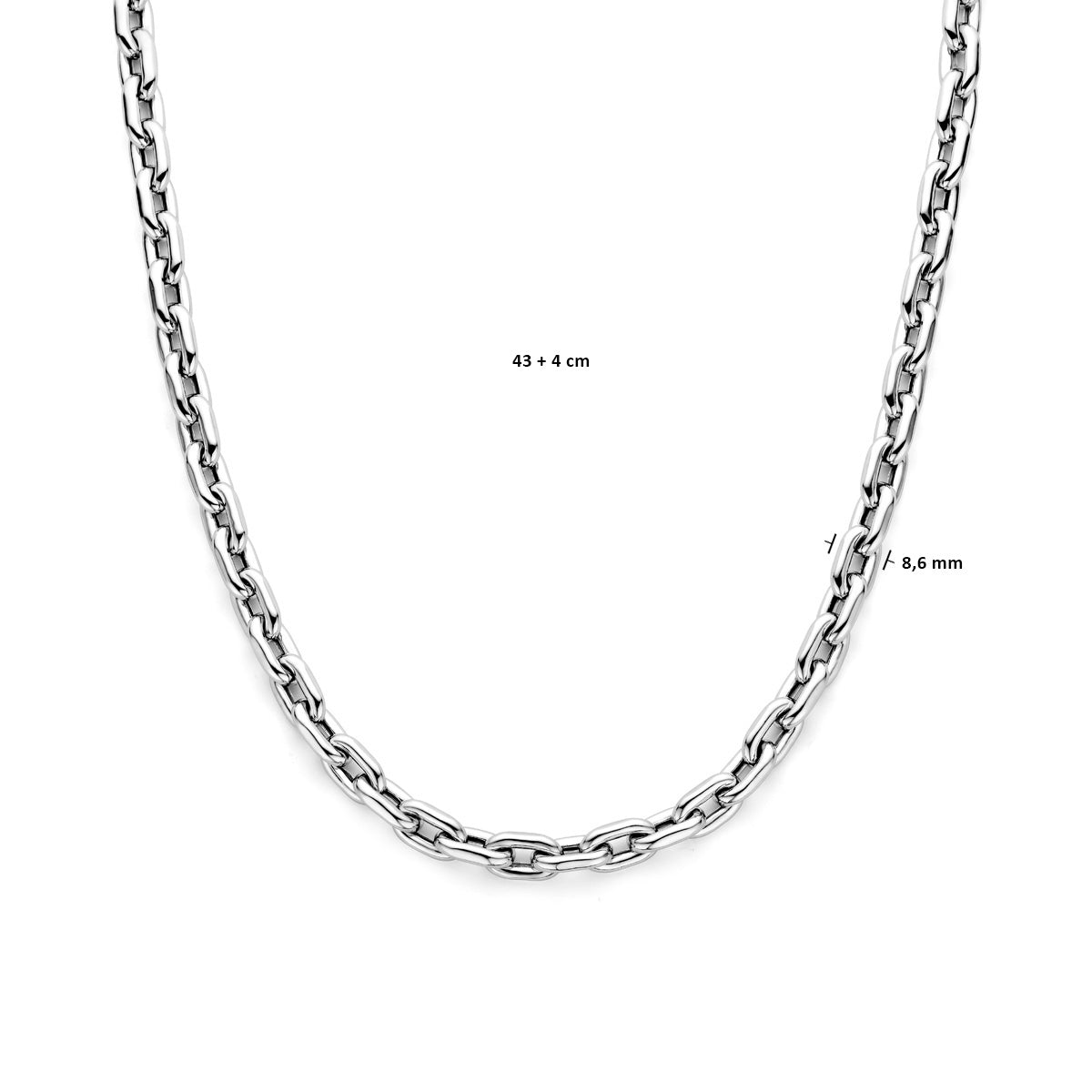 vDam Ketting Paperclip Ronde Buis 43cm + 4,0 Cm 8,6 Mm Met Groot Springslot Zilver Gerhodineerd 1337778  43cm