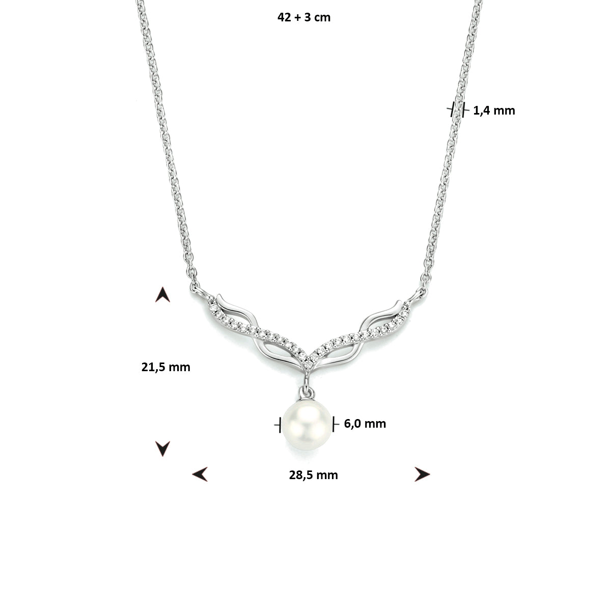 vDam Ketting Parel En Zirkonia 42cm + 3 Cm Zilver Gerhodineerd 1333912  42cm