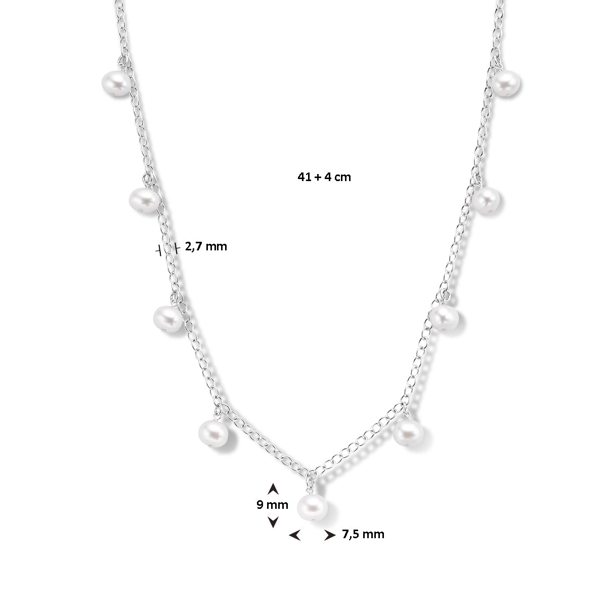 vDam Ketting Parels  41cm + 4 Cm Zilver Gerhodineerd 1336546  41cm