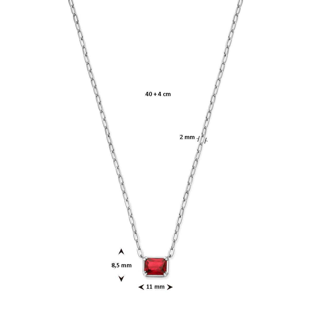 vDam Ketting Rood Zirkonia 40cm + 4 Cm Zilver Gerhodineerd 1337782  40cm