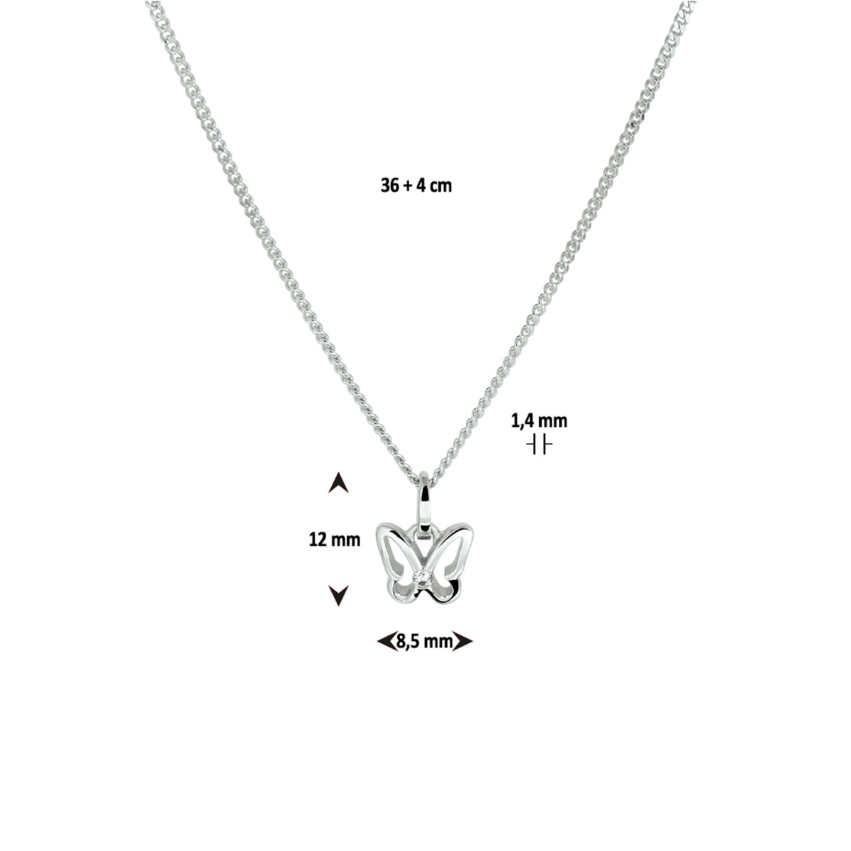 vDam Ketting Vlinder Zirkonia 36cm + 4 Cm Zilver Gerhodineerd 1329934  36cm