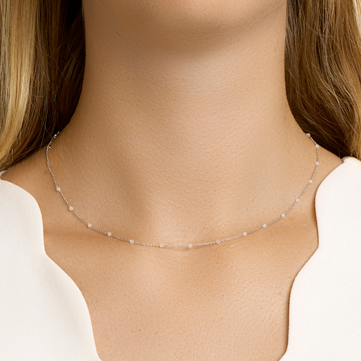 vDam Ketting Wit Maansteen 40cm - 42 - 44 Cm Zilver Gerhodineerd 1331374  40cm