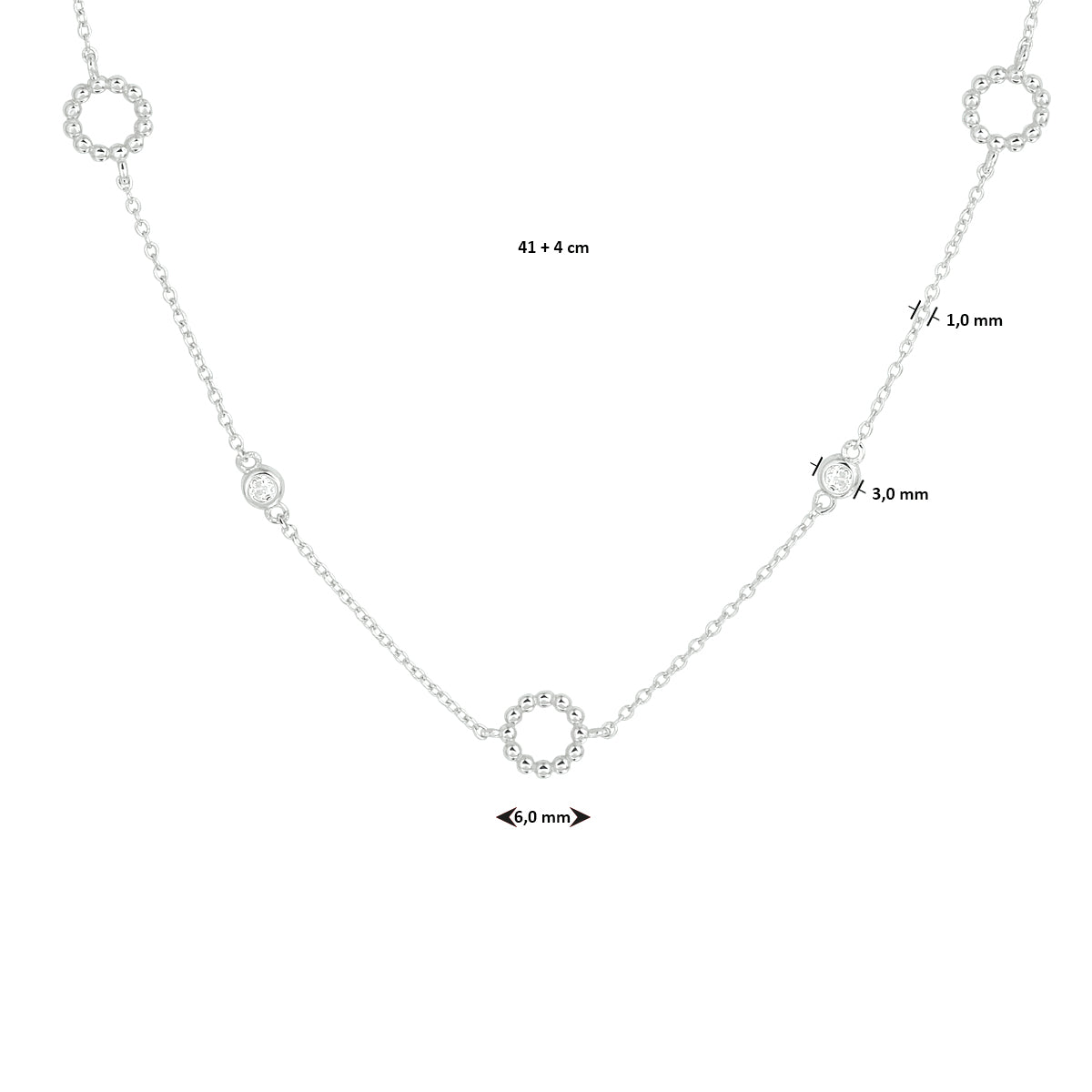vDam Ketting Zirkonia 41cm + 4 Cm Zilver Gerhodineerd 1333531  41cm