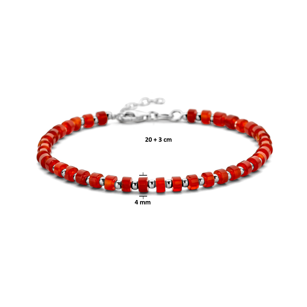 vDam Kralenarmband Carneool 4,0 Mm 20 + 3 Cm Zilver Gerhodineerd 1336301  23cm