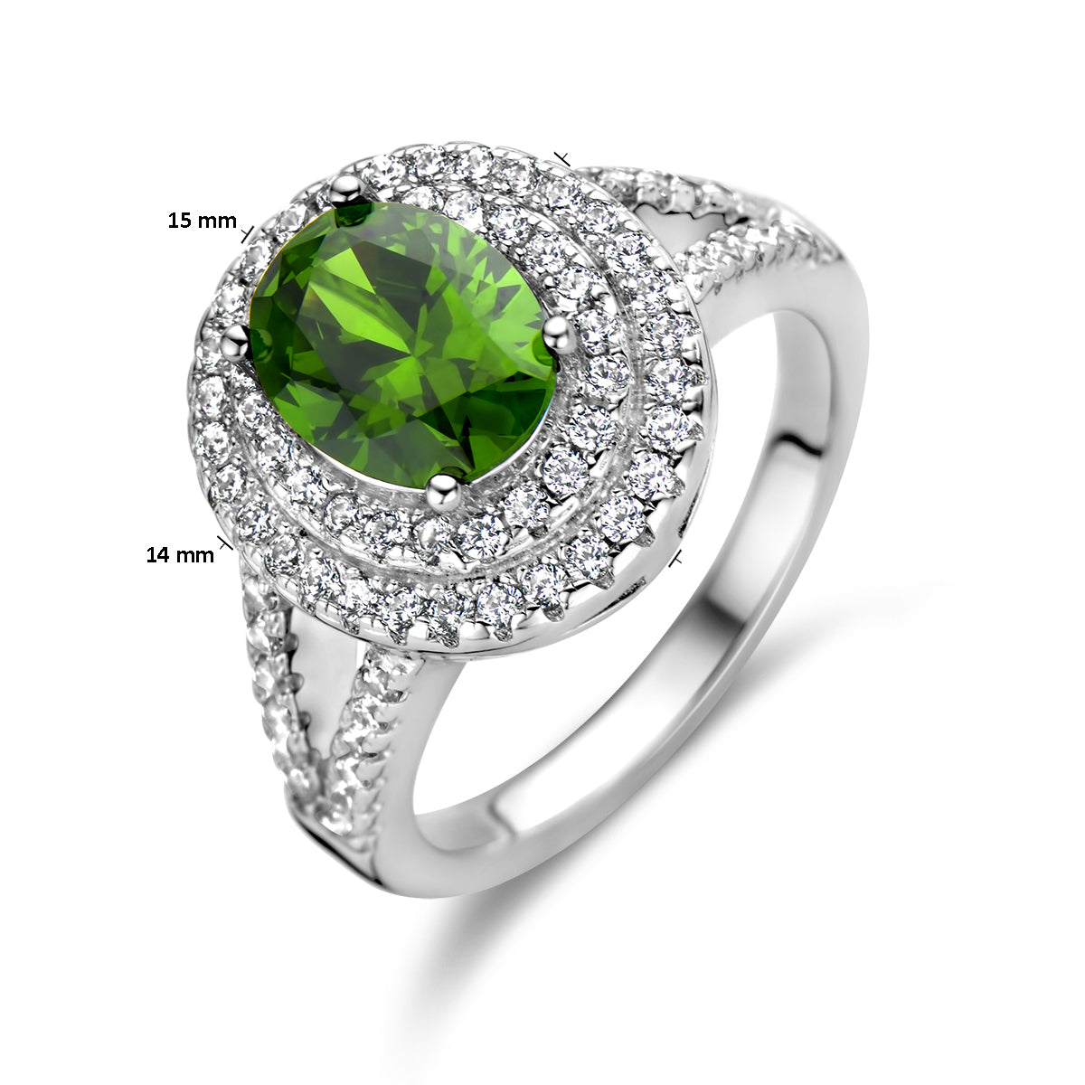 vDam Ring Groen En Wit Zirkonia Halo Zilver Gerhodineerd 1336833 Maat 17¼