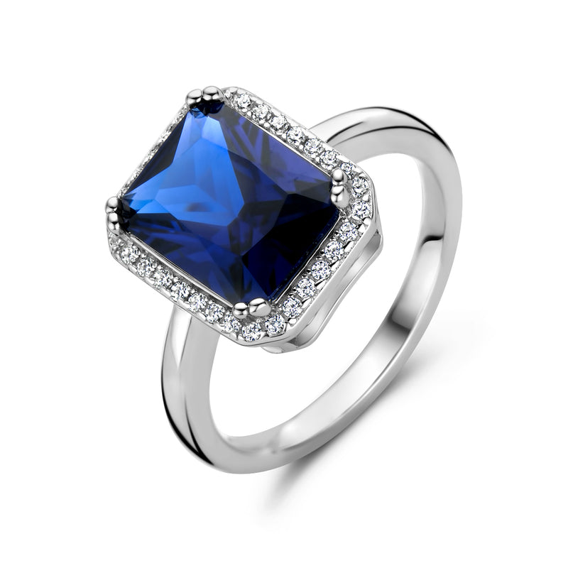 vDam Ring Saffierkleurig En Wit Zirkonia Halo Zilver Gerhodineerd 1336813