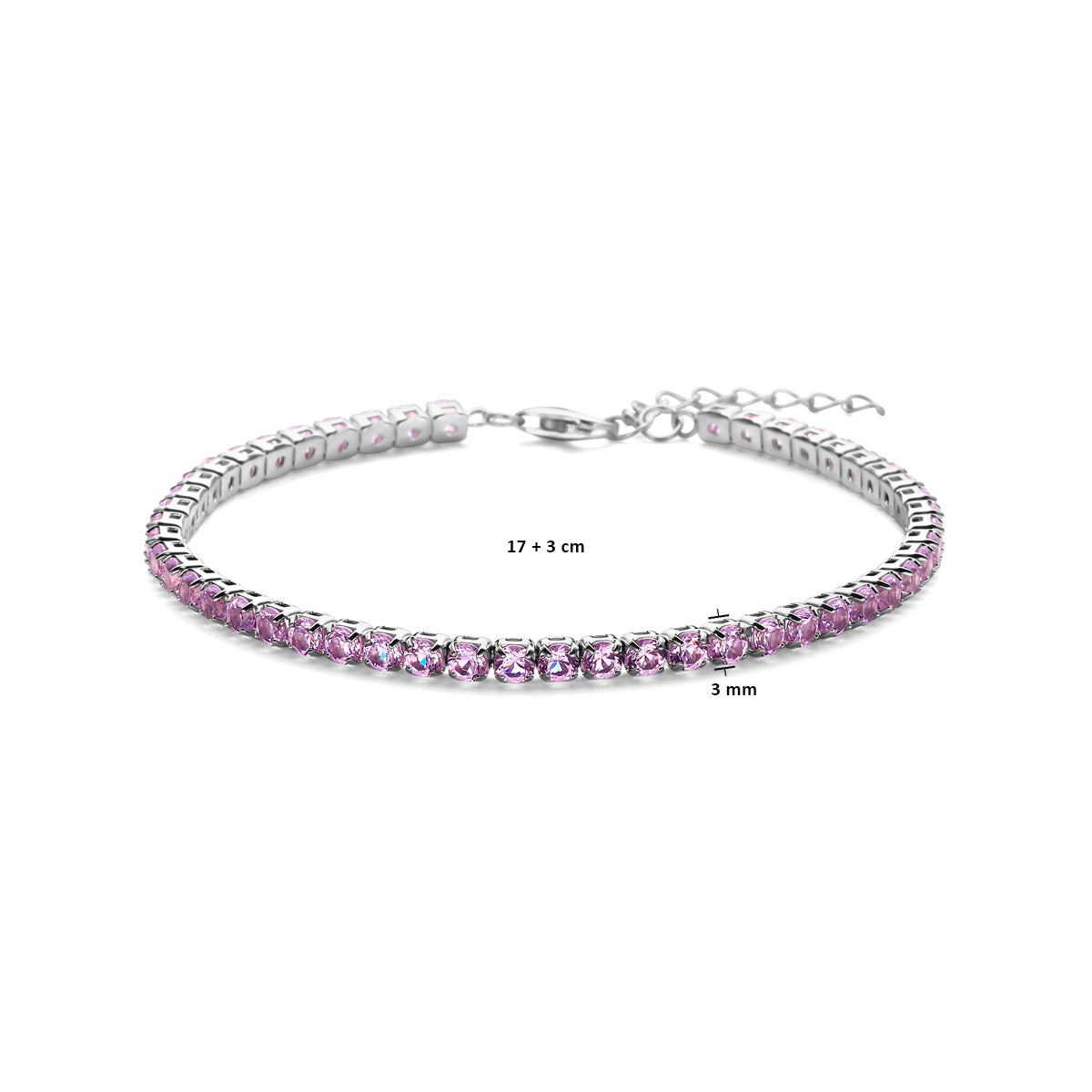 vDam Tennisarmband Paars Zirkonia 3,0 Mm 17cm + 3 Cm Zilver Gerhodineerd 1338603  17cm