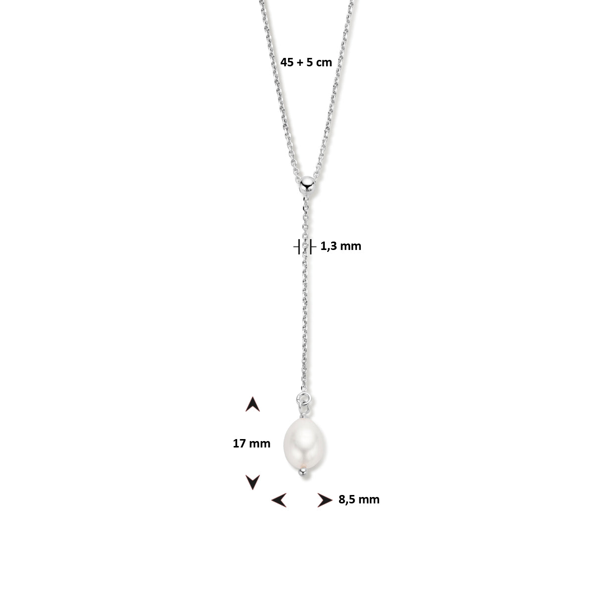 vDam Y-collier Parel 45cm + 5 Cm Zilver Gerhodineerd 1336160  45cm